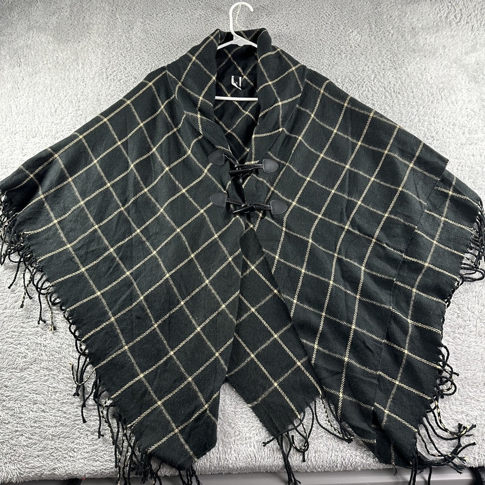 Apt. 9 Poncho Womens Black Window Pane Plaid Horn Buckle Cardigan Loose One Size
